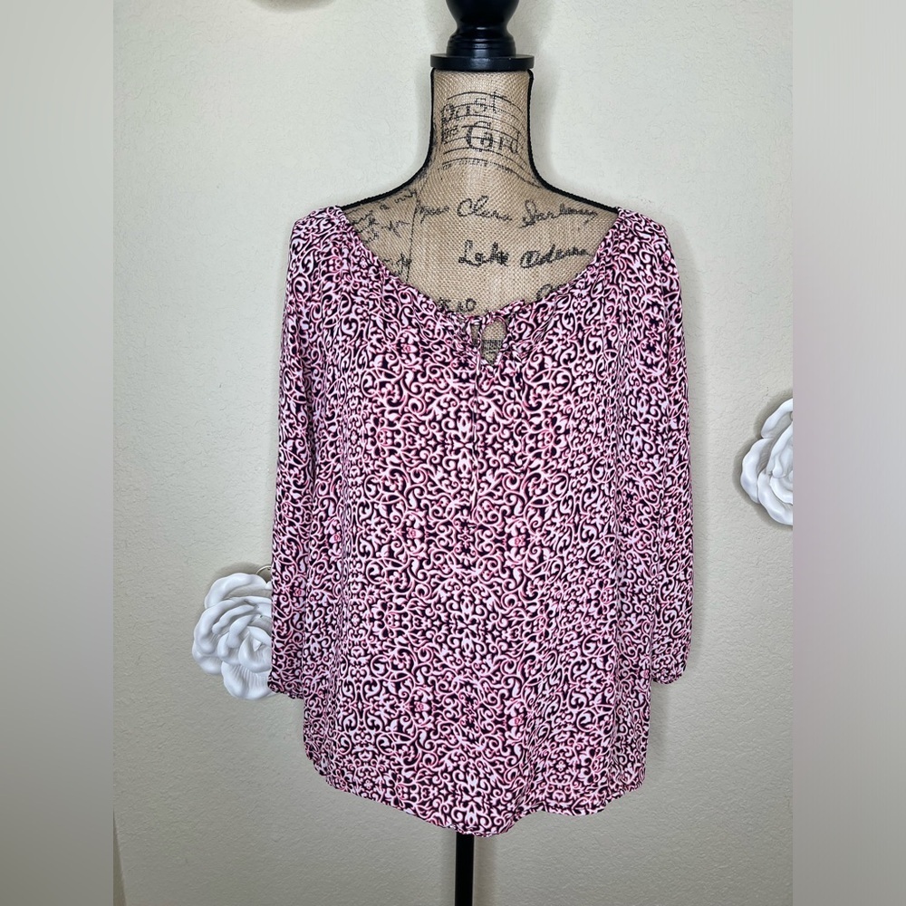 NTM: Laundry by Shelli Segal Pink, Black & White Peasant Blouse Sz L